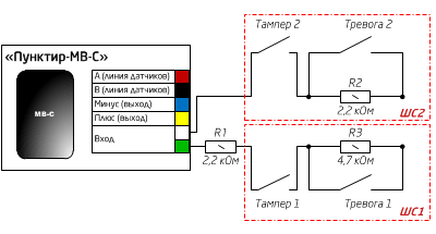 Схема подключения двух ШС к адресному модулю входов/выходов «Пунктир-МВ-С» 